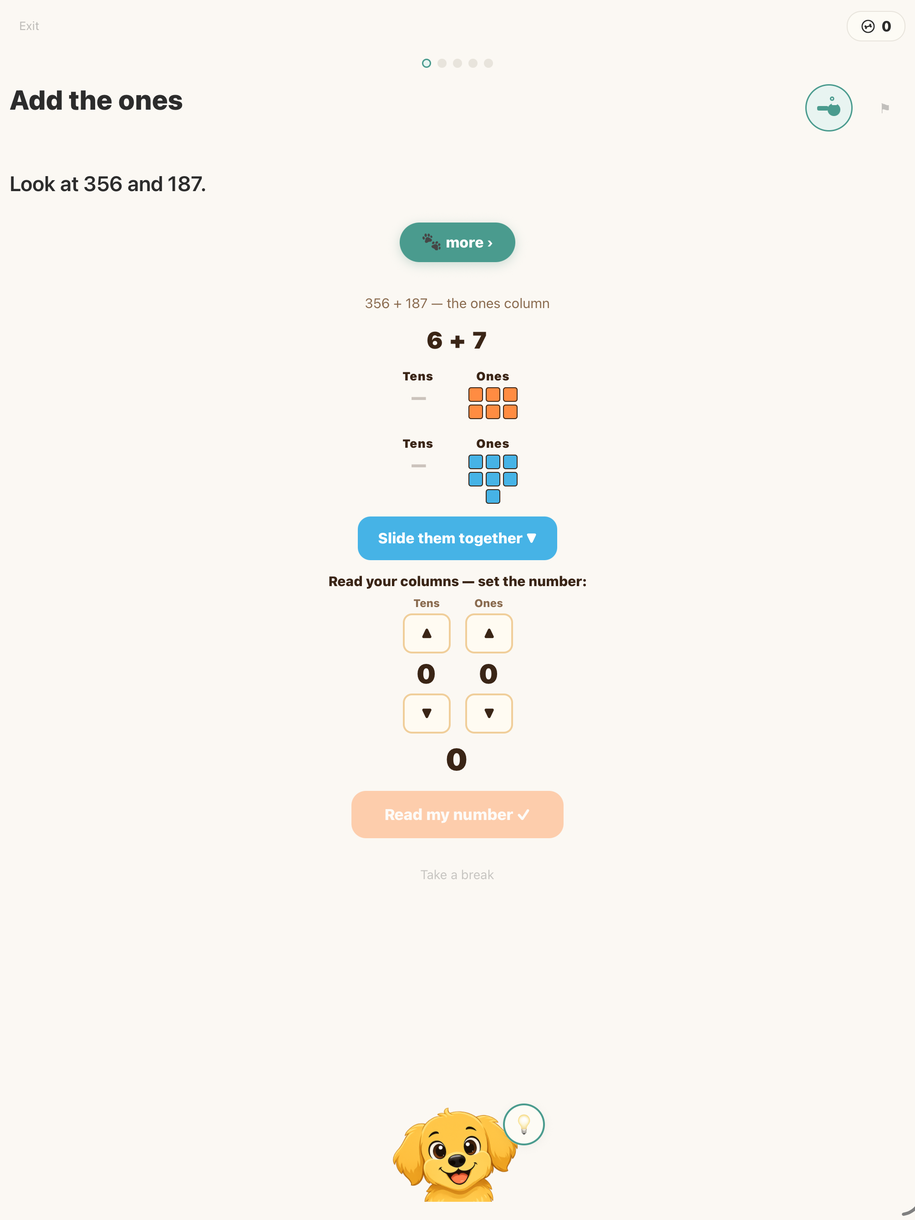 A column-addition question on the iPad, worked one column at a time with the child entering each digit themselves.