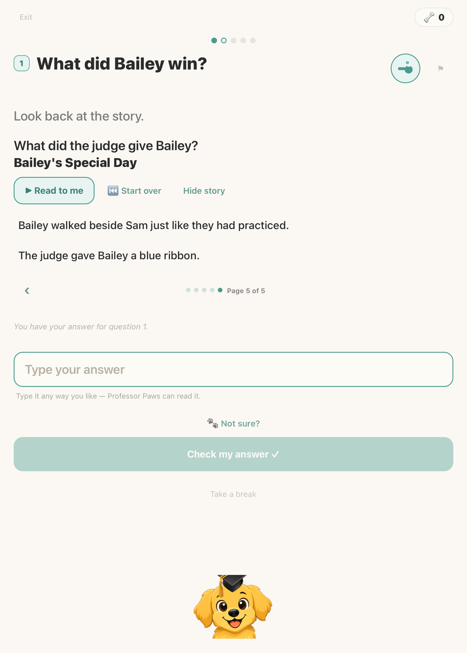Read with Max: a short story read one page at a time with a Read to me button, then a question — what did the judge give Bailey? — with a Not sure? link and Check my answer