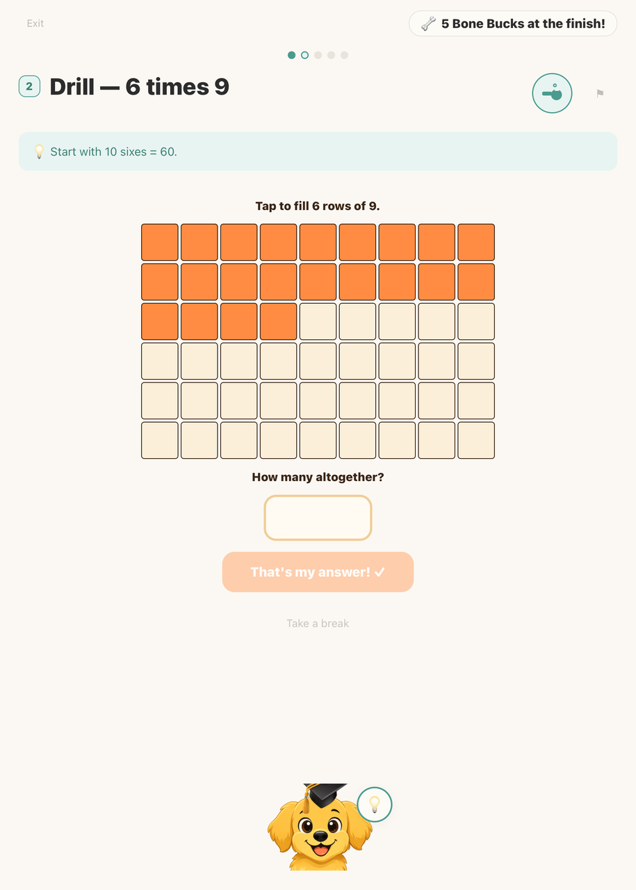 A times-tables drill, 6 times 9: a hint says start with 10 sixes, the child taps to fill 6 rows of 9 on an array, then answers how many altogether